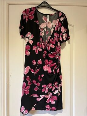 Colori Black Mini Wrap Dress with Pink Floral Print